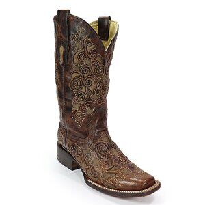 Corral Women's Western Boots Brown Leather Square Toe Inlay Studs Embroidery 8.5